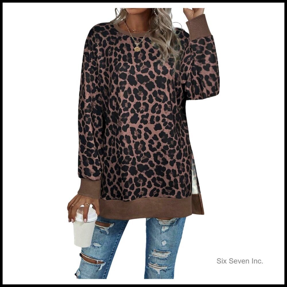 Leopard Print Sweatshirt Long Sleeve Side Slit Pullover Tunic Top Oversized